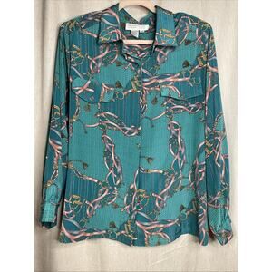 Vintage Women’s Schrader Blouse 20WP Turquoise Equestrian Button-Up Long Sleeve